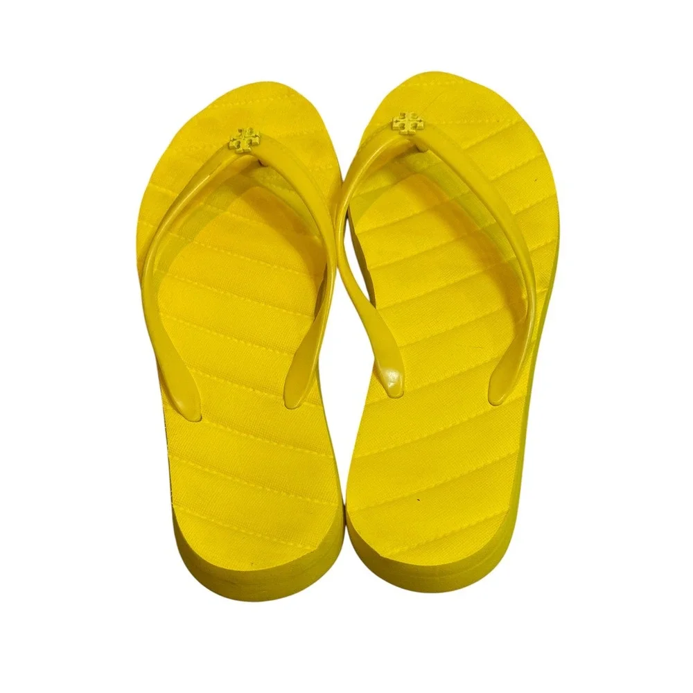 Tory Burch Yellow Quilted Texture Flip Flops Double T Logo Sandals Women Size 9